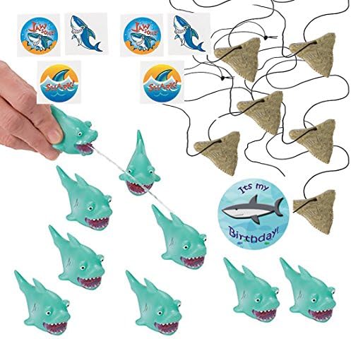 Shark Party Favors for 12 - Shark Tooth Toy Necklaces (12), Shark Tattoos (36), a Shark Birthday Sticker and 12 Shark Squirt Toys (Light Blue)