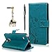 Note 4 Case,Samsung Galaxy Note 4 Case - Badalink Wallet Purse Premium PU Leather Embossed Flowers Butterfly Flip Cover with Hand Strap Card Holders & Cute Elephant Dust Plug & Stylus Pen - Blue