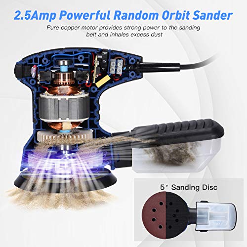 HoLife 5-Inch Random Orbit Sander, 7 Variable Speed, 2.5A/13000RPM Hook and Loop Orbital Sander, 12Pcs Sandpapers and 2 Polisher Accessories Kit, Efficient Dust Collection System for DIY -Black + Blue - Thumbnail 2