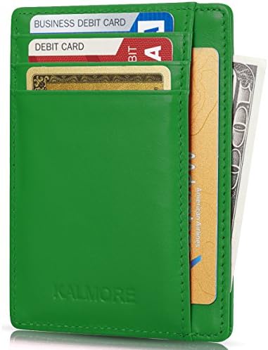 Card Case RFID Protected Genuine Leather Front Pocket Slim Wallet Credit Card Holder with ID Window by KALMORE (Green)