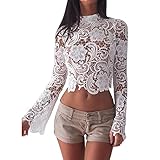 Remelon Womens Ruffle Long Sleeve See Through Mesh Lace Crochet Crop Top Zipper Blouse