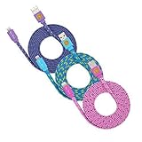 3 Pack 6ft Durable Hi-Speed Braided Flat Noodle Lightning USB SYNC Cable Charger Cord for iPhone 6, 6 Plus, 5, 5C, 5S, iPad 4, iPad Mini, Ipad Air, iPod Touch 5th Gen, iPod Nano 7th Gen, Support Latest IOS, 8-pin to USB - (purple, blue, pink)