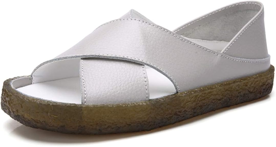 Amazon.com | Women Flat Sandals Cushioned Insole Comfort Memory Foam Genuine Leather Shoes Open 