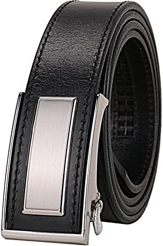 Men’s Full Grain Leather Ratchet Belts Automatic Nickel Free Flap Hidden Buckle (Waist size 34-36, Silver Buckle)
