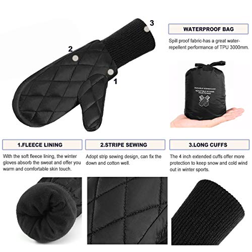 Andake Down Mittens Gloves for Women Water-resistance Warm Winter Snow Gloves for Walking Jogging Work Outdoor Activities (S/M, BLACK) - Thumbnail 2