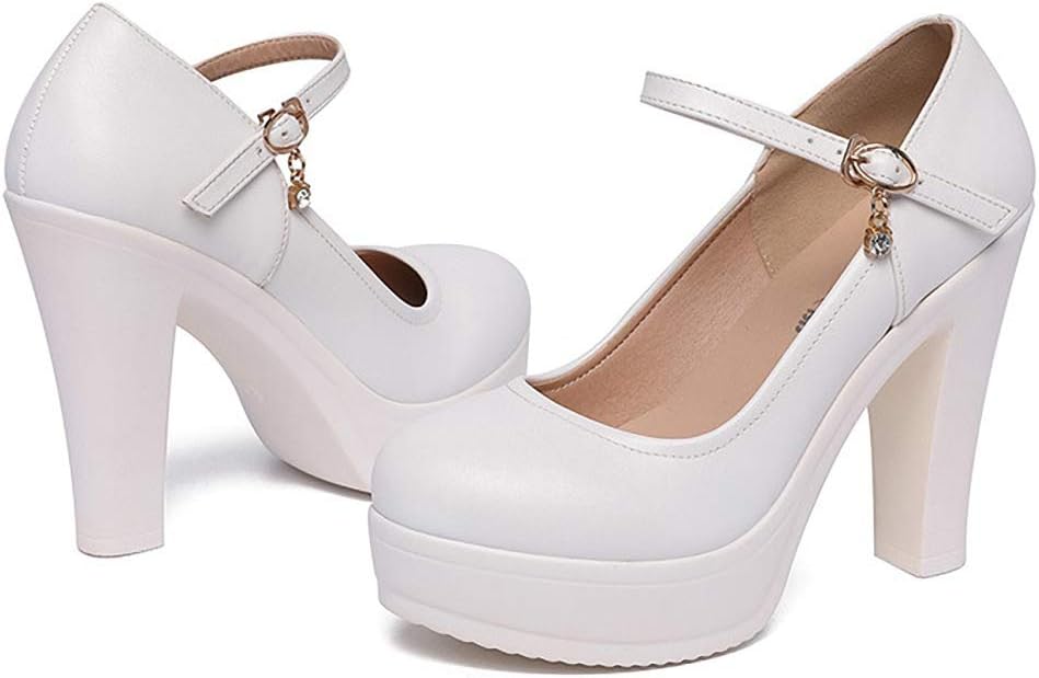 Mewow Zapatos de vestir con tacón grueso y correa al tobillo para mujer