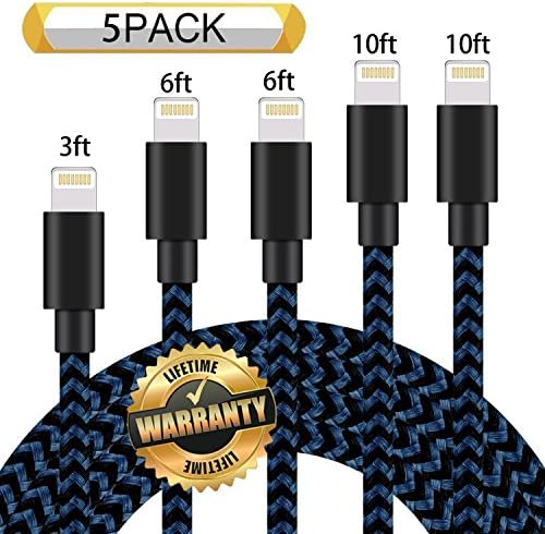 GUIGUI iPhone Charger 5Pack 3FT 6FT 6FT 10FT 10FT, Extra Long Nylon Braided Charging Cord Lightning Cable to USB Charger for iPhone X, 8, 7, 7 Plus, 6S, 6, SE, 5S, 5, iPad, iPod Nano 7 (Black Blue)