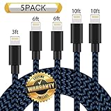 GUIGUI iPhone Charger 5Pack 3FT 6FT 6FT 10FT 10FT, Extra Long Nylon Braided Charging Cord Lightning Cable to USB Charger for iPhone X, 8, 7, 7 Plus, 6S, 6, SE, 5S, 5, iPad, iPod Nano 7 (Black Blue)