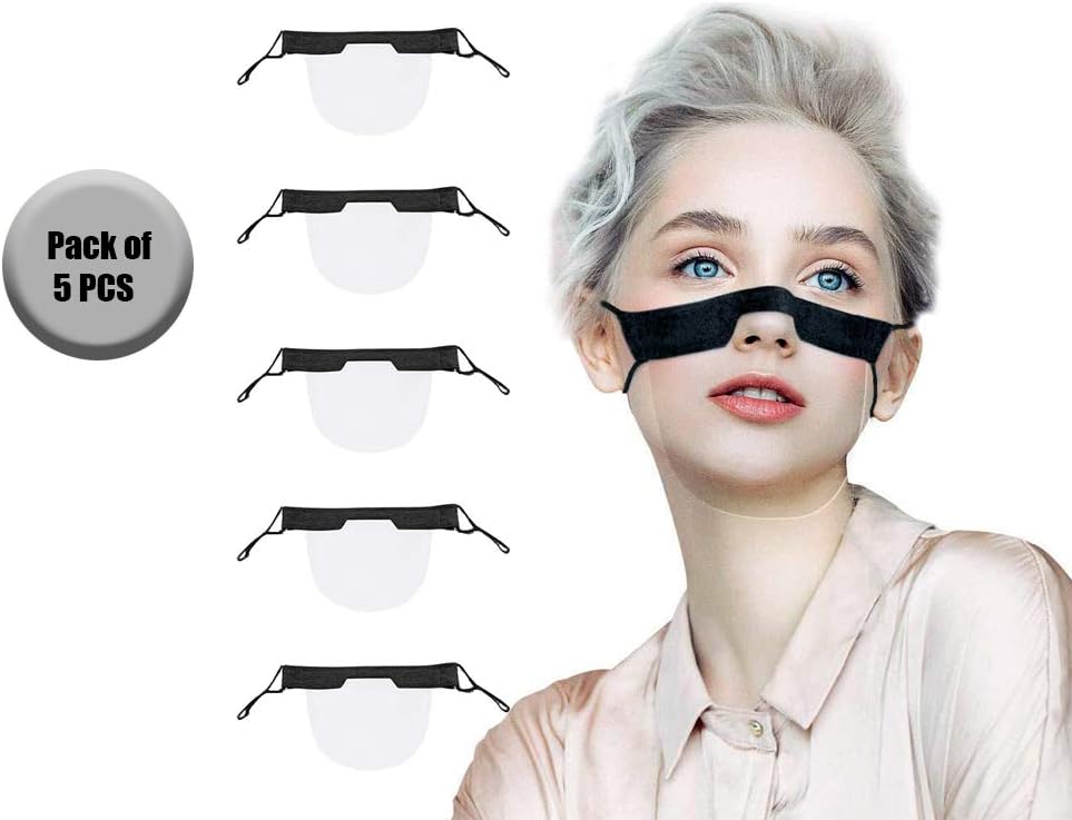 SHATCHI Plastic Reusable Half Clear Masks Mini Washable Windproof Visual Face Guard Transparent Mouth Shield Bandanas Protective Adjustable Cord Black/Grey - Image 3