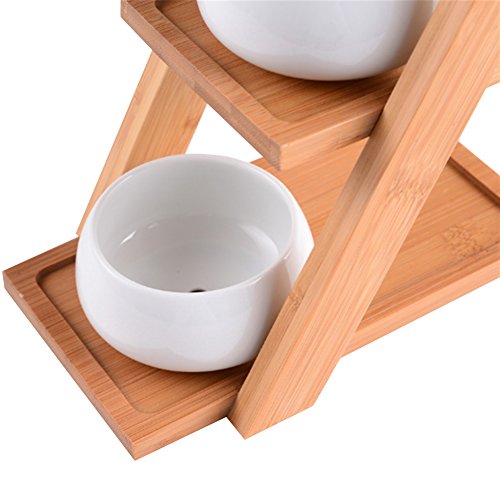 LANKER 3.25 Inch Round White Ceramic Succulent Planter Pots Modern Cactus Pots Container with 3 Tier Bamboo Tray - Pack of 3 (Round 3.2 Inch)