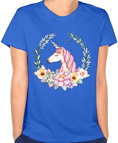 Cotton Classic Tees For Women's By Top Level,Adult Unicorn Flower Short SleeveShirts ,RoyalBlue