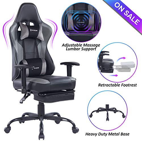 Blue Whale Massage Gaming Chair - High Back Racing Computer Desk Office Chair Swivel Ergonomic Executive Leather Chair with Footrest and Adjustable Armrests, Gray - Thumbnail 5