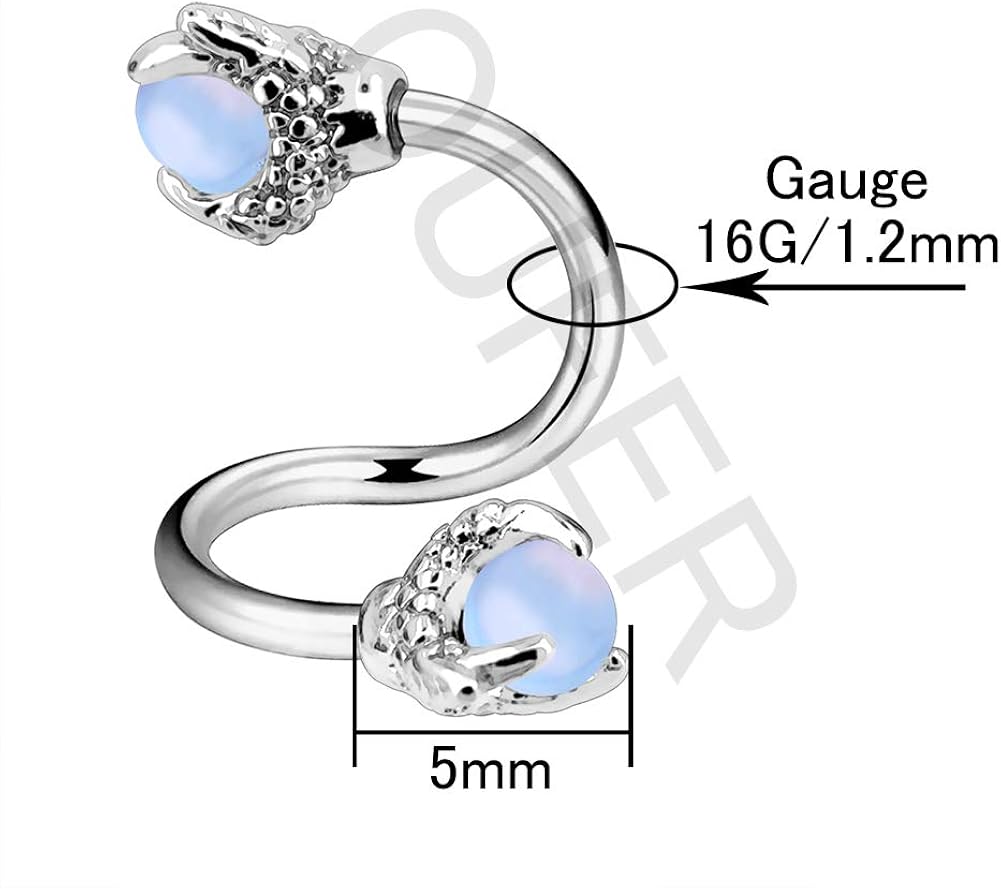 OUFER Twist Helix Earring 316L Stainless Steel Dragon Claw with Opalite Center 16G Twist Lip Labret Belly Bars Cartilage Earring Piercing Jewellery Steel - Image 3