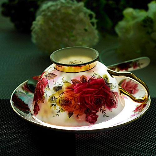 Panbado 3 Piece Bone China Coffee Tea Cup and Saucer Set with Spoon, 6.8 oz/200 ml, Yellow and Red Rose - Thumbnail 4