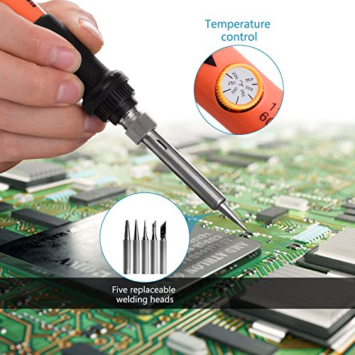 GEYOTAR Electric Soldering Iron Kit 110V 60W Adjustable Temperature Welding Tool Hobby Knife tweezers Desoldering Pump iron stand 5pcs Tips with Tool Carry bag