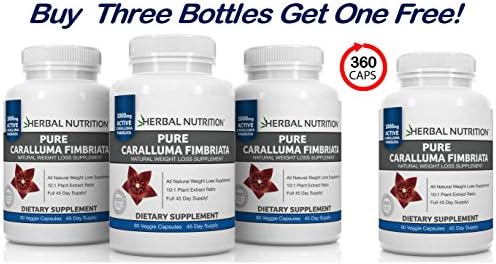 Caralluma Fimbriata Four Bottle Pack 90 Counts a 6 Month Supply Maximum Strength 10:1 Extract Ratio 1000mg Per Serving for Weight Loss