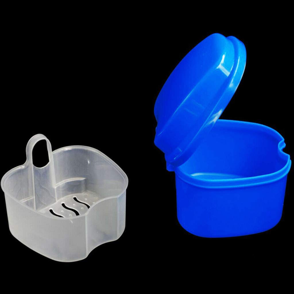 2Pcs Denture Cup with Strainer, Denture Case, Denture Bath Box False Teeth Storage Case Box with Strainer for Travel Cleaning(Light Blue and Blue) : Beauty