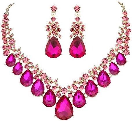 Youfir Bridal Rhinestone Crystal V-Shaped Teardrop Wedding Necklace and Earring Jewelry Sets for Brides Formal Dress