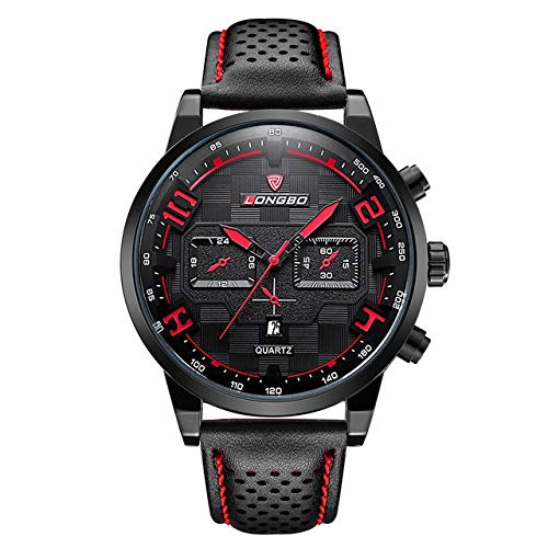 Longbo Business Casual Scratch Resistant Auto Date Black Dial with Red Decorative Chrono Sub-Dials Leather Watch for Men and Boys