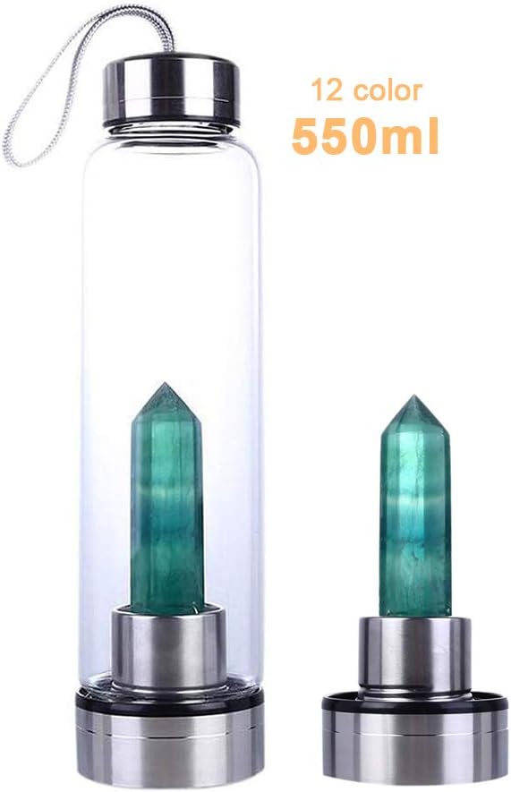 Crystal Glass Water Bottle, Water Bottle with Gemstone Center Crystal Elixir Bottle with Natural Crystal Point Healing Obelisk Wand Handheld Glass Energy Bottle