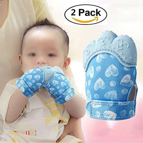2 Pack Baby Teething Mitten by GbaoY, Babies Self-Soothing Pain Relief and Teething Toy, BPA Free Safe Food Grade Teething Mitt (Blue3)