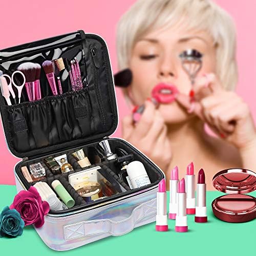 Cosmetic Organizer Case, BuyAgain Holographic Makeup Case Water-resistant Cosmetic Bag With Adjustable Dividers for Travel, Silver 9 Cosmetic Organizer Case, BuyAgain Holographic Makeup Case Water-resistant Cosmetic Bag With Adjustable Dividers for Travel, Silver