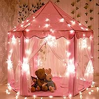 YYfamily Princess Castle Kids Girls Play Tent House Large Indoor Outdoor for Children Toy Games Included (24.6 Feet String Light and Pink Hexagon Rug)