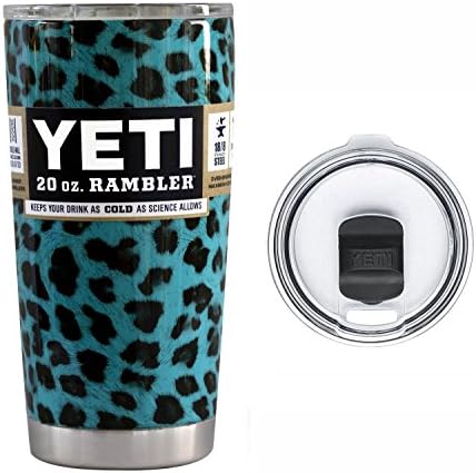 YETI Coolers 20 Ounce (20oz) (20 oz) Custom Powder Coated or Hydro Dipped Rambler Tumbler Cup Travel Mug with Exclusive Spill Resistant Spill Proof Lid (Teal Turquoise Leopard)