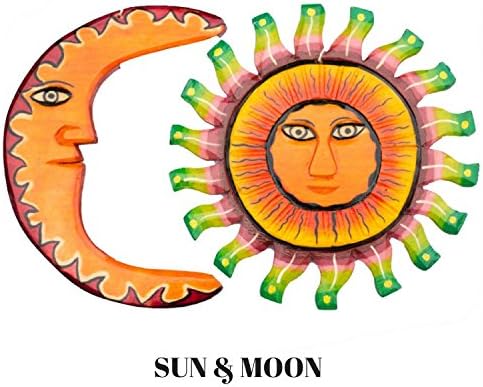 Sun and Moon Mayan Hangings, Wall Art 100% Hand Carved Wood Decor for the Beach Bathroom, Living Room, Fireplace or Outdoor Home Decoration Ideas. Also, Sculpted Country Hanging Set for the Garden.