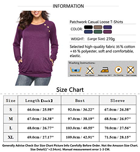Womens Button Long Sleeve Tops Casual Blouses T-Shirt Round Neck Pockets Top WineRed M - Thumbnail 6