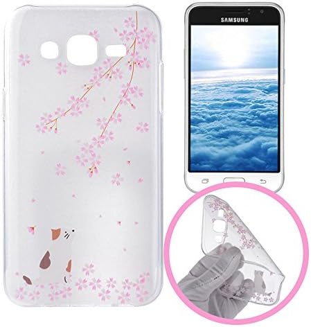 Silingsan Silicone Case for Samsung Galaxy J1 2016 SM-J120F TPU Rubber Gel Cover Ultra Slim Thin Phone Skin Soft Flexible Shell Anti-Scratch Anti-Shock Protective Bumper - Cherry Blossoms&White Cat