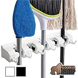 Gorilla Grip Mop and Broom Holder, 5 Auto Adjust Slots, 6 Hooks, Holds Up to 50 Lbs, Easy Install Wall Mount, Store Cleaning and Gardening Tools, Organize Kitchen, Garage, Closet, Storage Rooms, White
