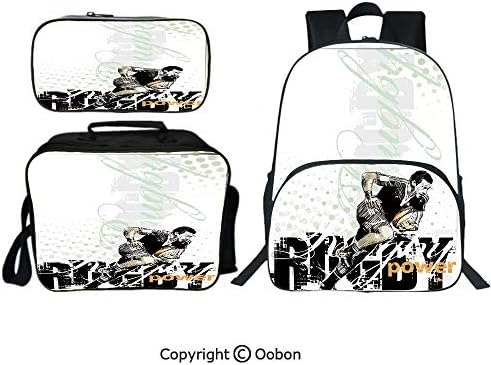 Oobon Kids Toddler School Waterproof 3D Cartoon 16" Backpack, Sketchy Rugby Player with a Ball Running Power Muscular Strength Challenge Decorative, with Lunch bag Pencil bag Three-piece