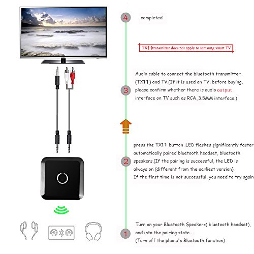 YETOR Bluetooth Transmitter/Receiver for TV PC MP3 MP4 Laptop RCA or 3.5MM Input Jack can Pair 2 Bluetooth headsets Speaker Simultaneously CSR chip Inside - Thumbnail 3