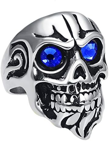 Valily Men's Skull Rings Stainless Steel Gothic Punk Skull Band Ring with Red/Blue Eyes Size 7-13