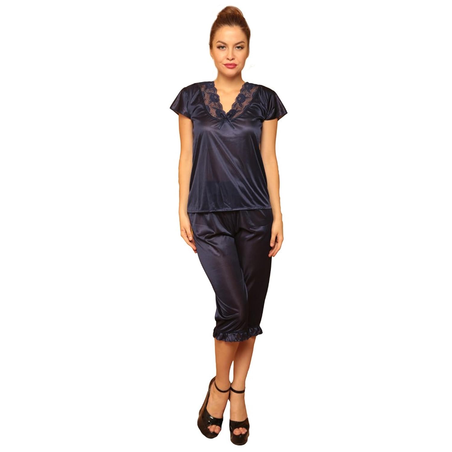 clovia women's 4 pcs satin nightwear in navy - robe, nightie, top, capri