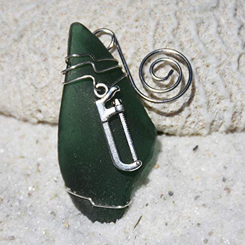 Surf Tumbled Sea Glass Ornament with a Silver Hacksaw Charm - Choose Your Color Sea Glass Frosted, Green, and Brown - Made to Order