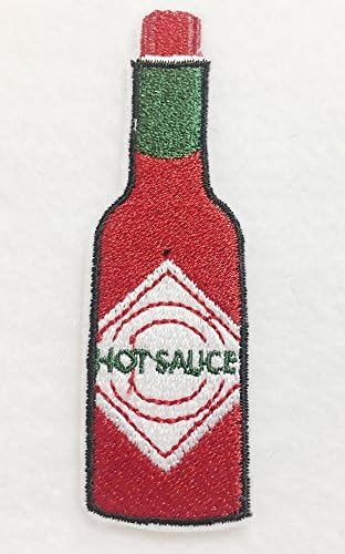 Hot Pepper Sauce - Cajun Seasonings Embroidered Iron on Patch Applique 3.25" x 1 inche Tall - Reds and Greens