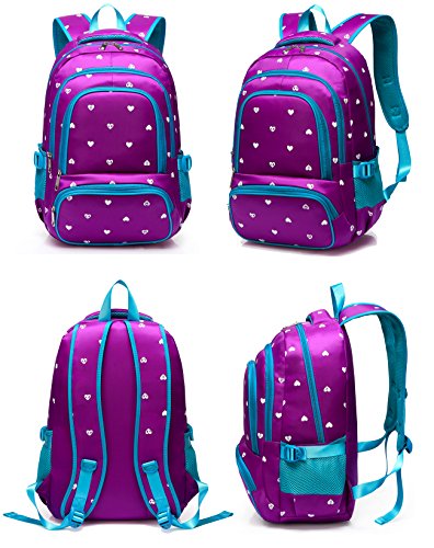 Fashion Girls Backpack for Kids Elementary School Bag Girly Bookbag Children 17 Inch Nylon Heart Print (Purple & Blue)