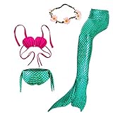 AMENON 3PCS Kids Mermaid Tai Swimsuit Princess Bikini Set Swimwear (With Headband) (140cm, RoseRed+Green)