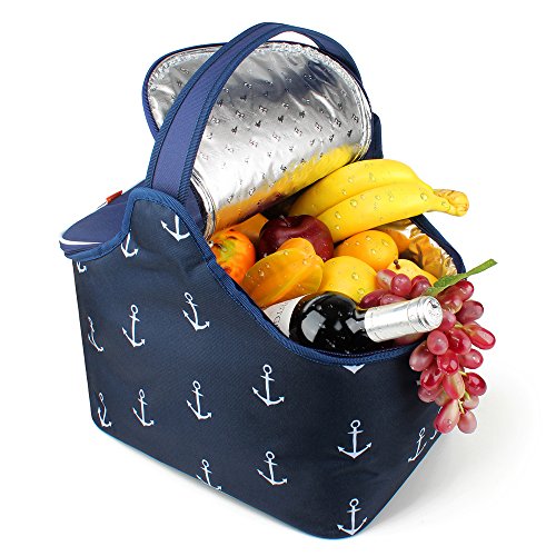YONOVO 20L Folding Picnic Basket Large Insulated Bag Waterproof for Gathering Travel Camping BBQ (Blue-Anchor Motif) - Thumbnail 2