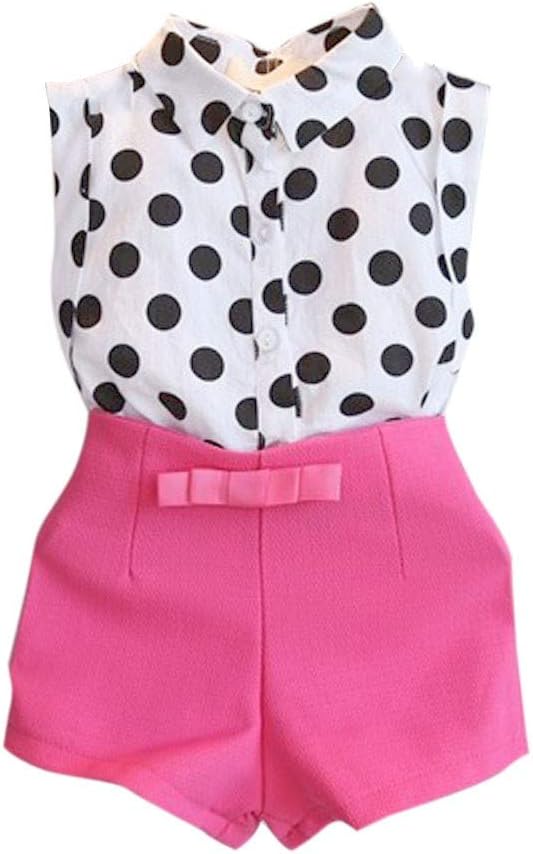 Baby Shorts Set MITIY Girl Child Kid Polka Dot T-Shirt Tops + Pink/Black Bowknot Pants Shorts 1Set
