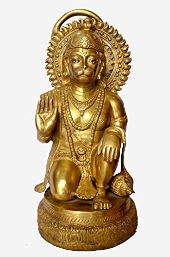 Handmade Beautiful Brass Material Statue of Lord Hanuman with beside their Favaorite Weapon GADA