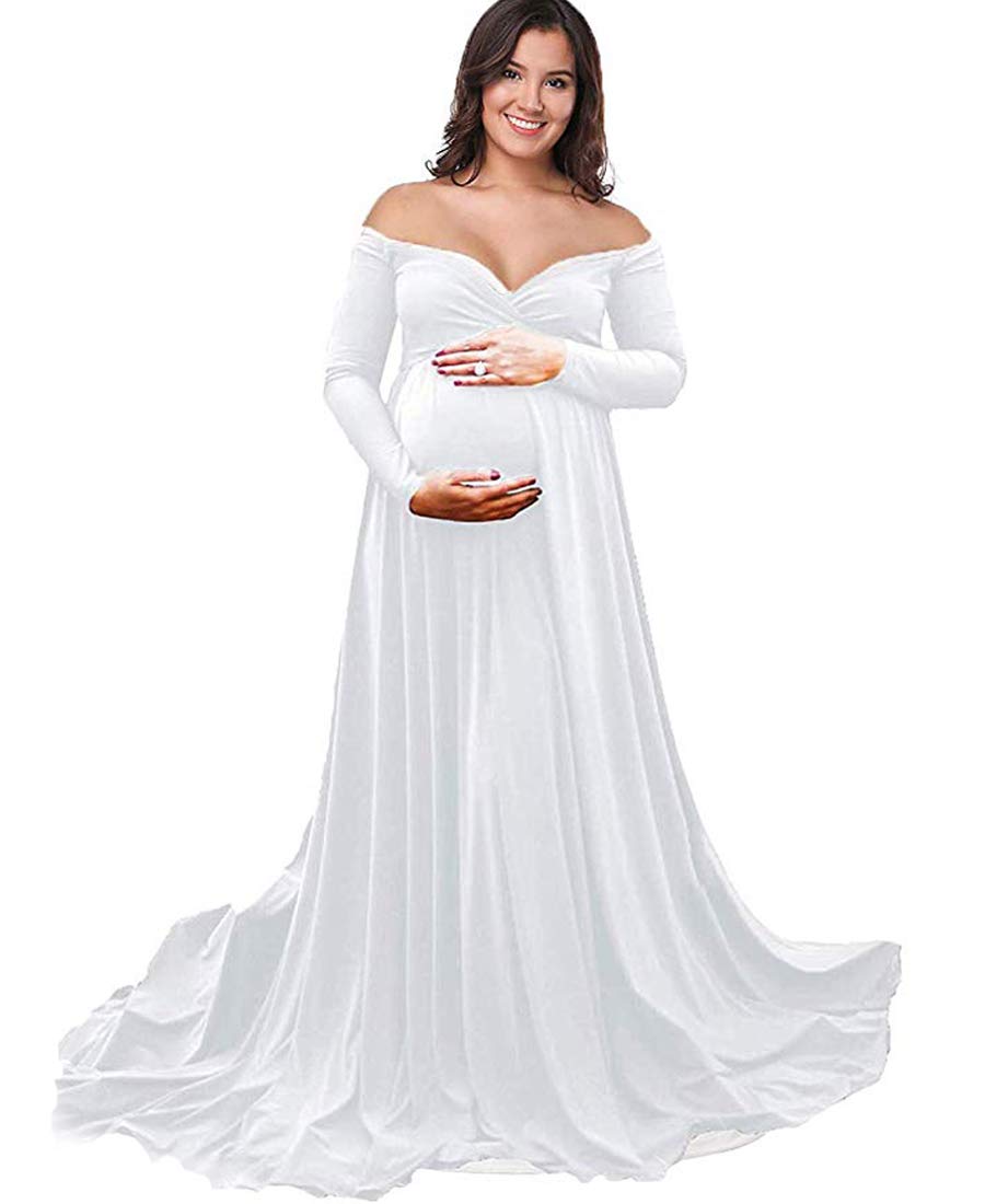 Maternity Off Shoulders Half Circle Gown for Baby Shower Photo Props Dress,V Neck Long Sleeve Maxi Photography Dress (Off Shoulder White, L)