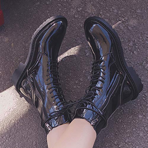 ❤Kauneus❤ Women's Mid Calf Boots Lace up Side Zipper Winter Boots Fashion Leather Black High Top Shoes - Thumbnail 3