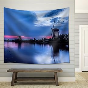 The Famous Mills of Kinderdijk in The Netherlands - Fabric Wall Tapestry Home Decor - 51x60 inches