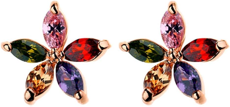Rose Gold Plated Stud Earrings for Women Marquise Cubic Zirconia Colorful Flowers Stud Earrings 11.5x11.5MM Rose Gold