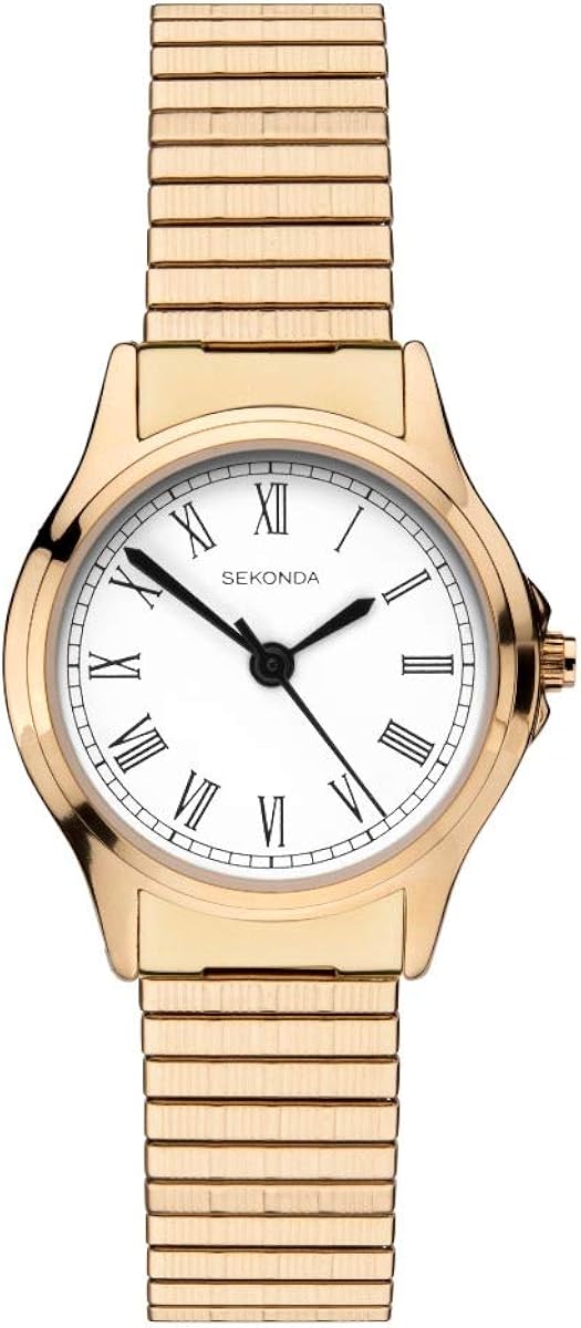 Sekonda Reloj clásico para mujer con esfera blanca y pulsera extensible dorada 2702