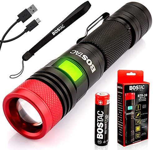 BOSTACTM BTR-20 Tactical Flashlight - Professional EDC by Boston Tactical with CREE USA LED Bulb, 1,000 Lumens, Polished Reflector, Sealed Against Solvents, USB Chargeable 18650 Lion Battery