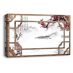 Canvas Wall Art Traditional Chinese Windows View Painting Artwork for Home Prints Framed - 12x18 inches